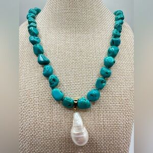 NWT Iris & Lily Genuine Turquoise and Gold Necklace with freshwater pearl